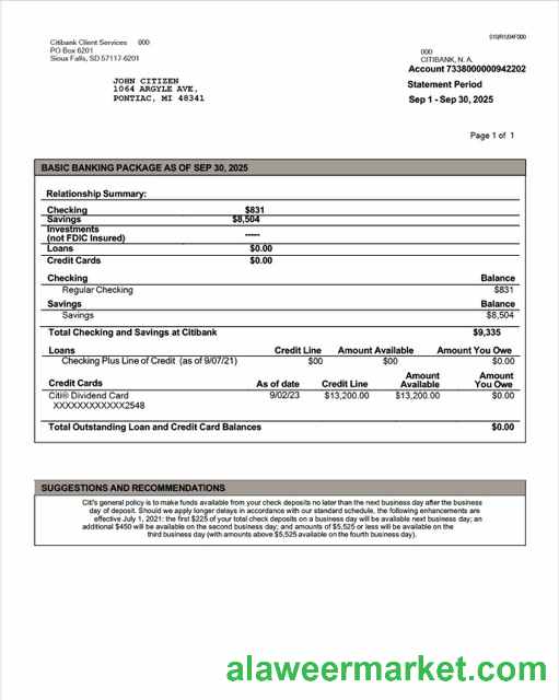 USA Citibank account statement Word and PDF template, version 2